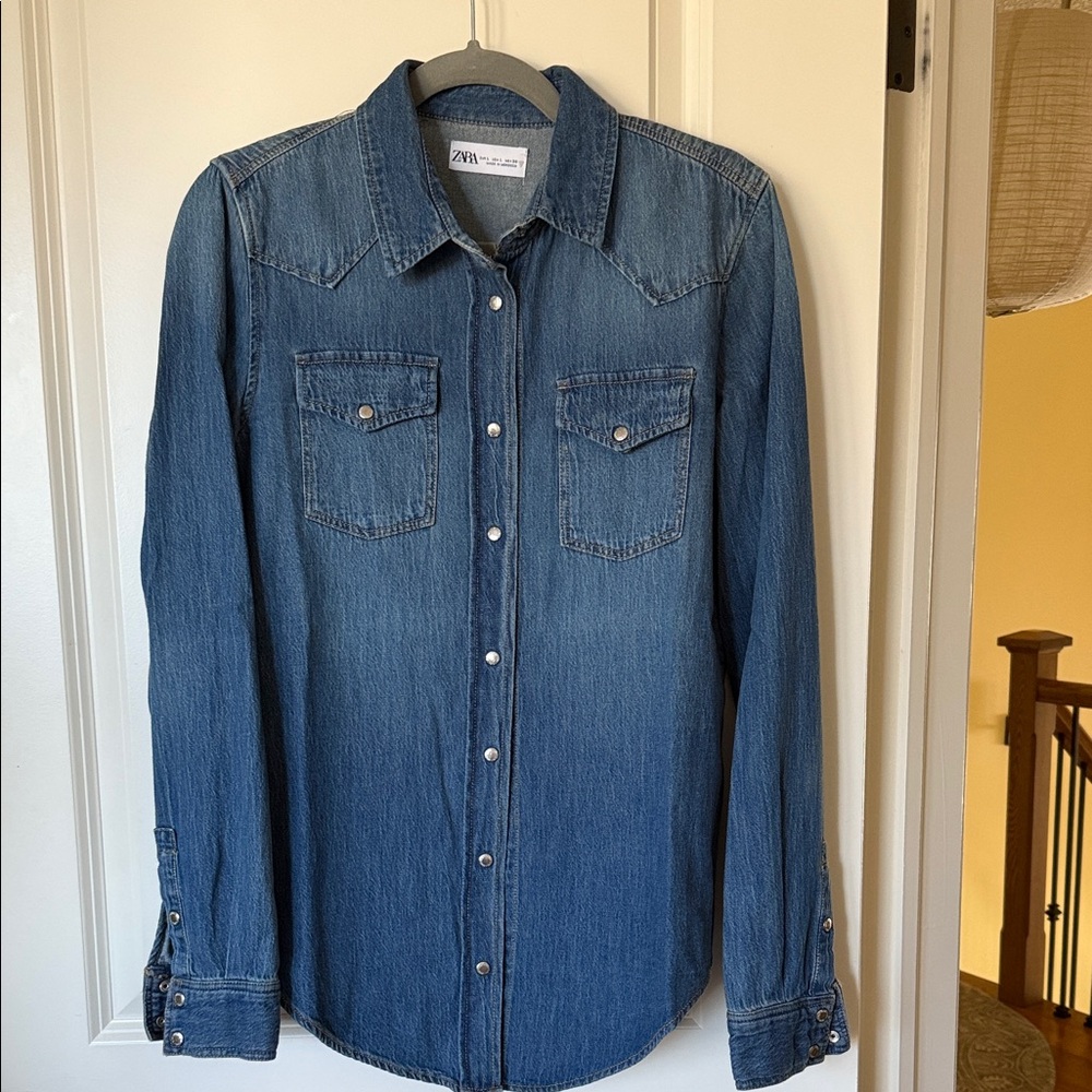 Zara Medium Blue Denim Button-Up Western Shirt